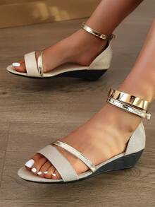女士時尚單帶扣楔形涼鞋 - 金色 - 查看 3