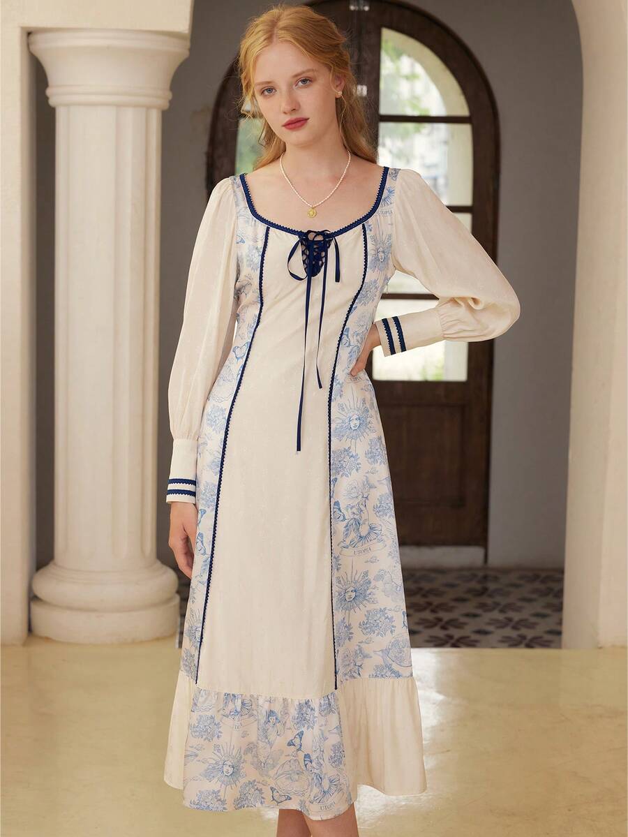 Simple Retro Polyester Printed Puff Sleeve Square Sleeve Long Dress - Blue - View 1
