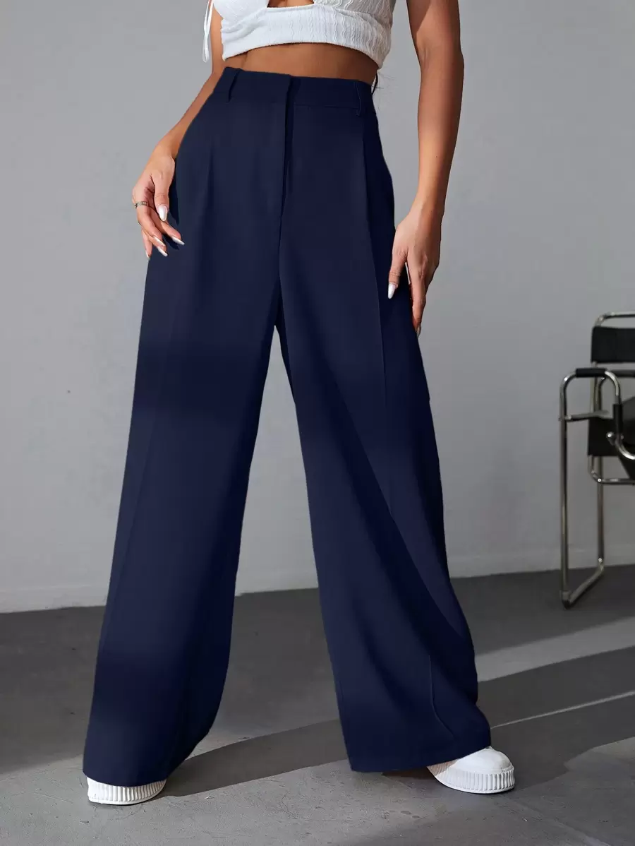 Solid Color High Waist Pants - 藏蓝色 - 查看 1