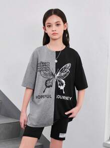 SHEIN T-shirt À Col Rond Et Manches Courtes Tricoté Avec Slogan De Style De Rue Pour Les Préadolescentes, Impression De Papillon, Patchwork, Printemps / Été - Noir - Voir 3