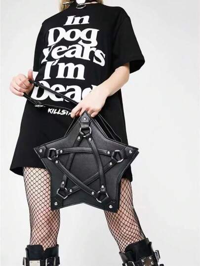Grunge Punk Fashionable Women's Black Star Printed Crossbody Bag