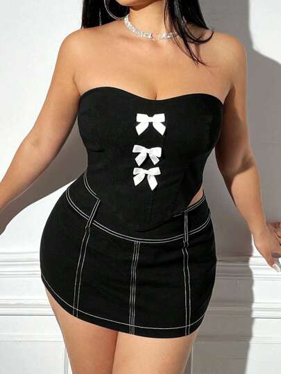 SHEIN ICON Plus Size Bowknot Decor Strapless Top And Split Skort Set