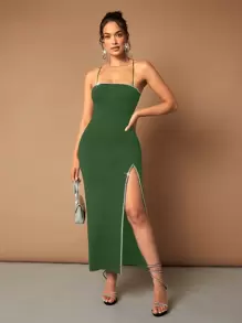 SHEIN BAE Vestido Lencero Con Abertura Lateral Alta Y Adornos De Diamantes De Imitación Para Mujer Con Tirantes Finos - Verde militar - Ver 1