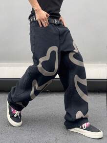 Manfinity EMRG Jeans De Hombre Con Estampado De Corazones - Negro - Ver 6