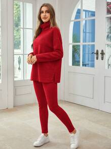 SHEIN Essnce Women's High Collar Long Sleeve Top And Pants Set - Rose Red - View 6