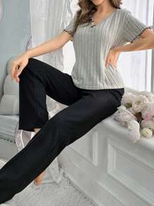 Conjunto De Pijama De Camiseta Sólida Con Ribete De Lechuga Y Pantalones Cortos Acanalados - Multicolor - Ver 4