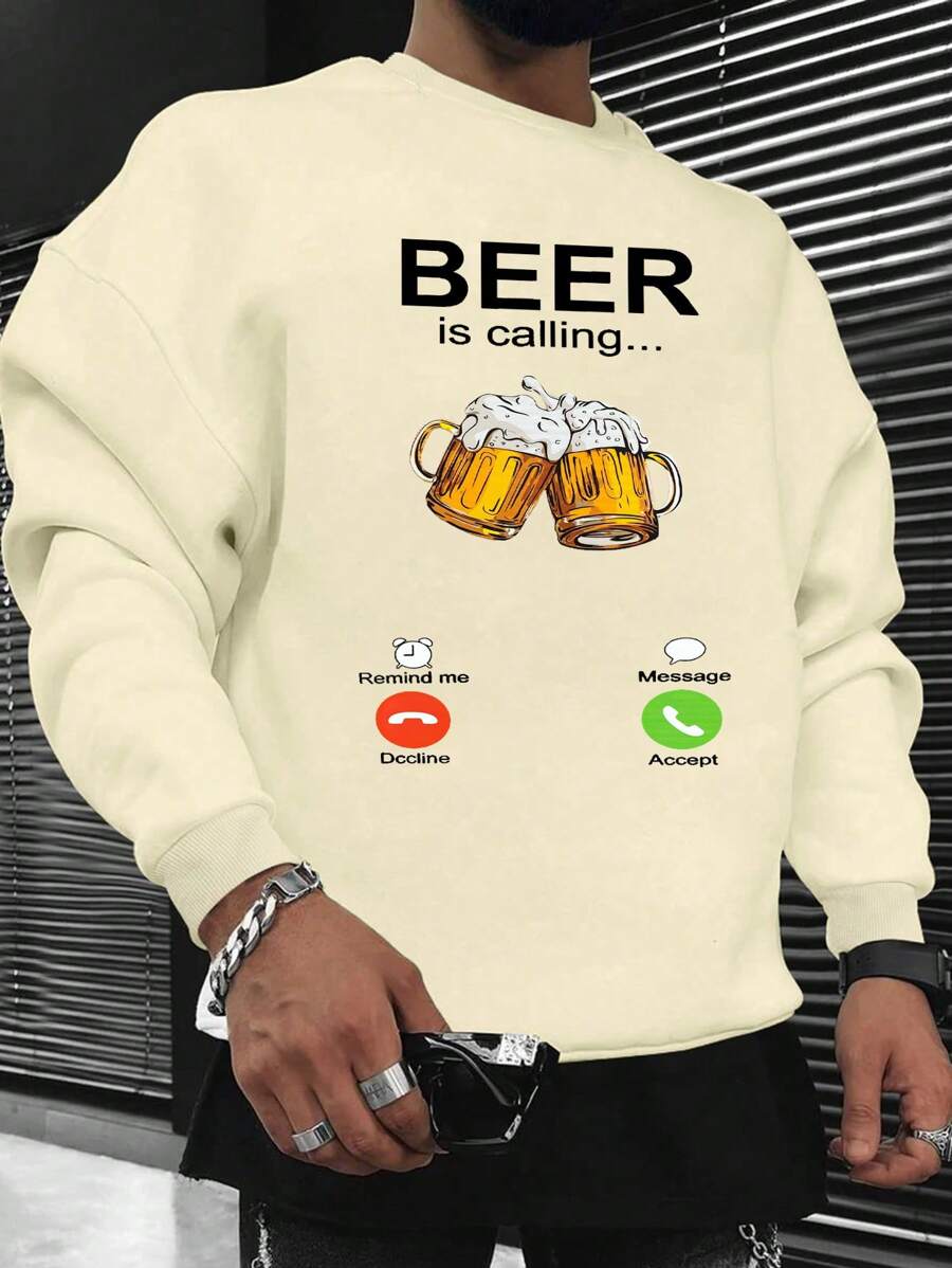 男士休閒啤酒字母印花衛衣 - 卡其色 - 查看 1