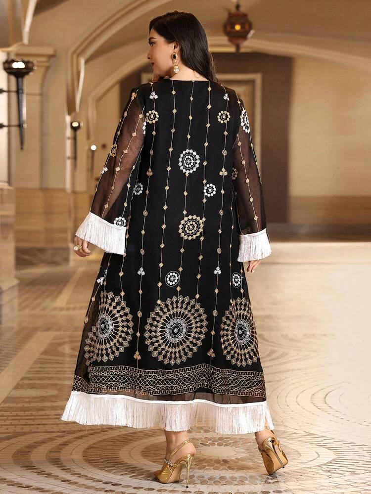 Plus Size Women'S Net Yarn Long Sleeve Arabian Dress With Fringe Decoration Kaftan Jalabiya Dress
