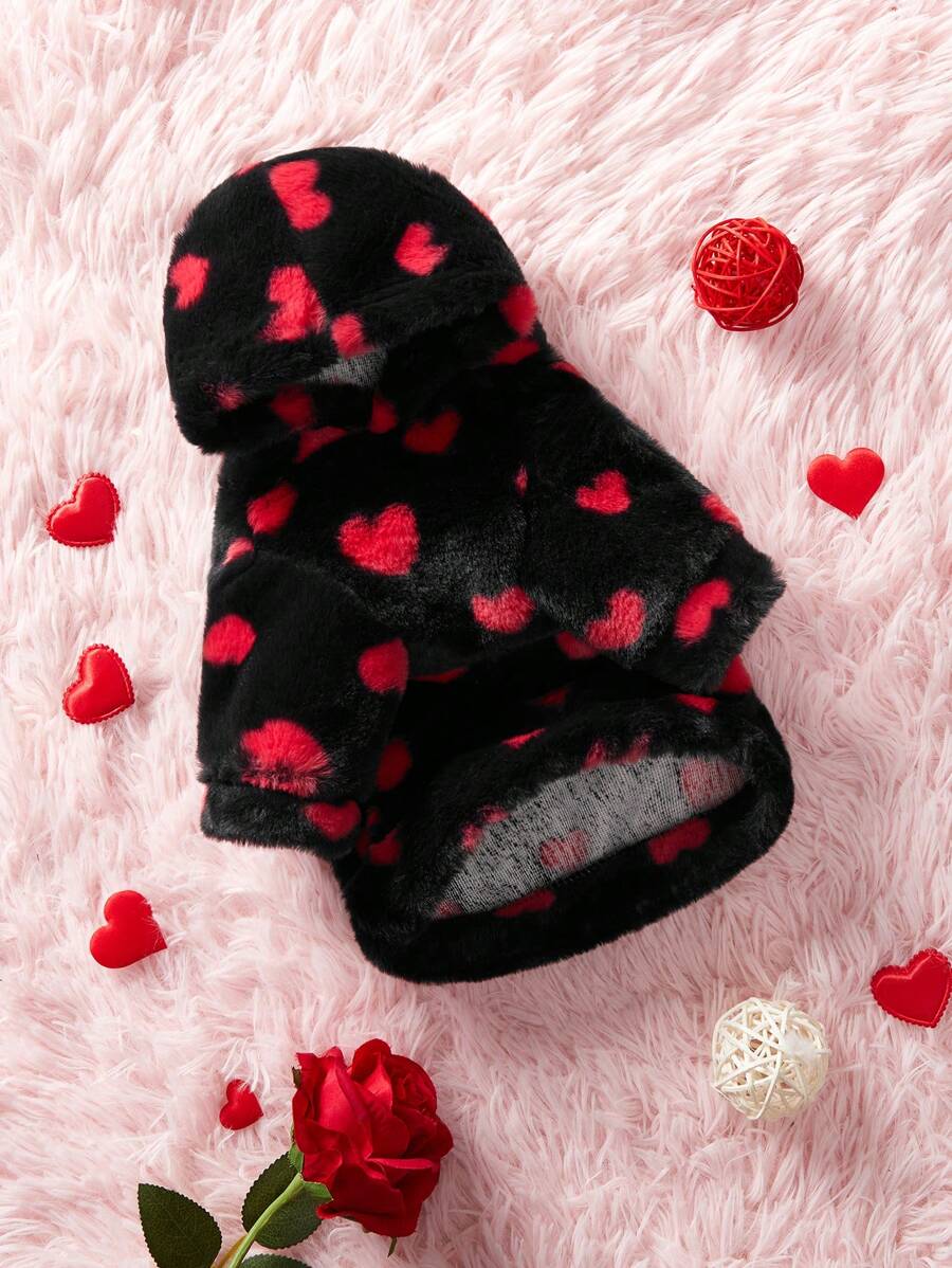 PETSIN Sudadera Con Capucha Peluda De Color Rojo Y Negro Para El Día De San Valentín Con Patrón De Corazón - Multicolor - Ver 1