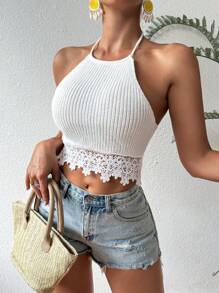 Chiquease Ren Cắt tỉa Knit ngọn Với Halter Neck Đối với phụ nữ - Màu be - Xem 4