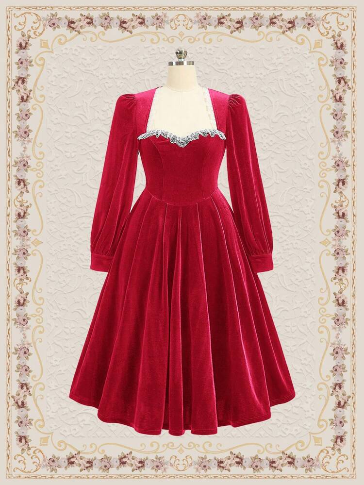 Vintage Party Christmas Women Velvet Hem Flare Dress