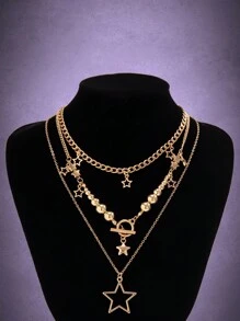 ROMWE Goth 3pcs/Set Stylish Punk Style Star Pendant Beaded Necklace Set - Gold - View 3