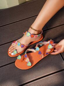 New Arrival Summer Women's Toes-To-Be Colorful Sandals, Beach Vacation Lightweight American-Style Heart Patterned Slippers - Orange - View 4