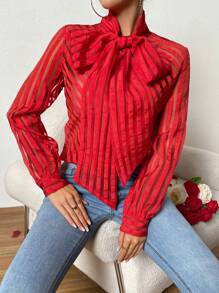SHEIN Privé Turtleneck Sheer Shirt With Big Bowknot & Tie Up Design, Elegant Style - Red - View 1