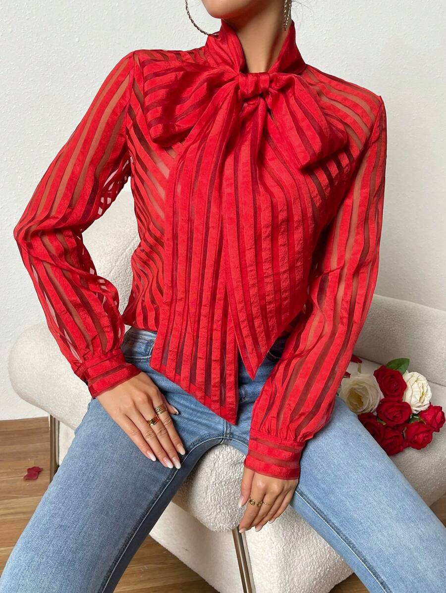 SHEIN Privé Turtleneck Sheer Shirt With Big Bowknot & Tie Up Design, Elegant Style - Red - View 1