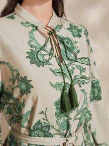 Al Najma Women's Floral Print Bow-Tie Neck Long Lantern Sleeve Modest Dress Cottagecore Dresslantern Sleeve Dressresort Wear Women - Green - View 5