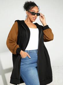 SHEIN CURVE+ Plus Size Two Tone Zip Up Sweatshirt - Khaki - View 3