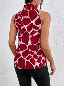 SHEIN Essnce Áo sơ mi nữ cổ đứng không tay xếp ly thường ngày - Đỏ - Xem 2