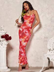 SHEIN BAE 浪漫情人節約會頸掛露背花卉印花優雅長裙女裝 - 彩色 - 查看 6