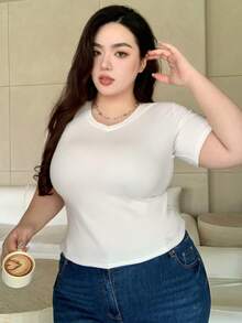 Dazy Plus Áo thun nữ cổ chữ V trơn đơn giản Slim Fit cơ bản - trắng - Xem 7