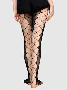 Goth 1條黑色玫瑰圖案吊帶連褲襪 - 黑色 - 查看 2