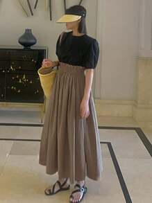 DAZY Vestido de mujer con mangas abullonadas y cintura ajustable en estilo de patchwork para uso diurno - Caqui - Ver 3