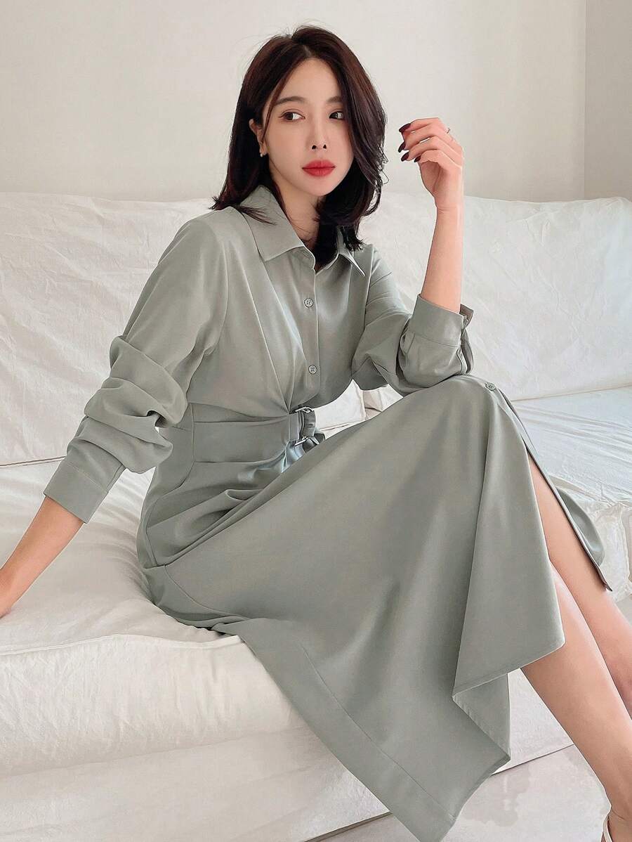 DAZY Vestido Camisa Longo com Cintura Marcada, Roupas de Outono - Verde - Visão 1