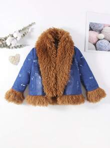 SHEIN Áo khoác thời trang và hợp thời trang cho bé gái, có thêm lớp cách nhiệt và cổ lông lớn có thể tháo rời để giữ ấm - Màu xanh lam - Xem 1