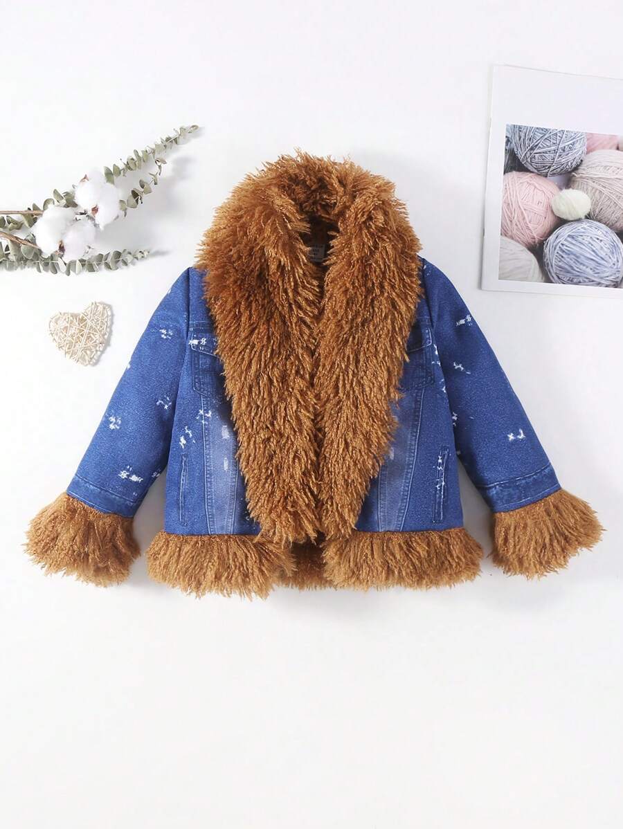 SHEIN Áo khoác thời trang và hợp thời trang cho bé gái, có thêm lớp cách nhiệt và cổ lông lớn có thể tháo rời để giữ ấm - Màu xanh lam - Xem 1