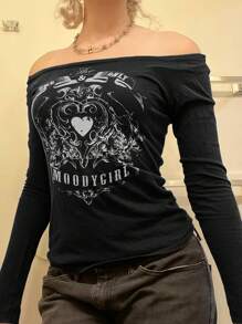 INAWLY Camiseta de manga larga con hombros descubiertos y estampado de letras para mujer, blusas gráficas para looks de primavera