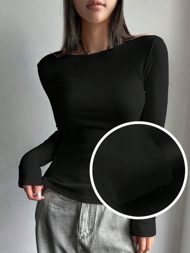 Solid Round Neck Slim Fit Thermal Tee Long Sleeve Women Tops,Thermal Lined
