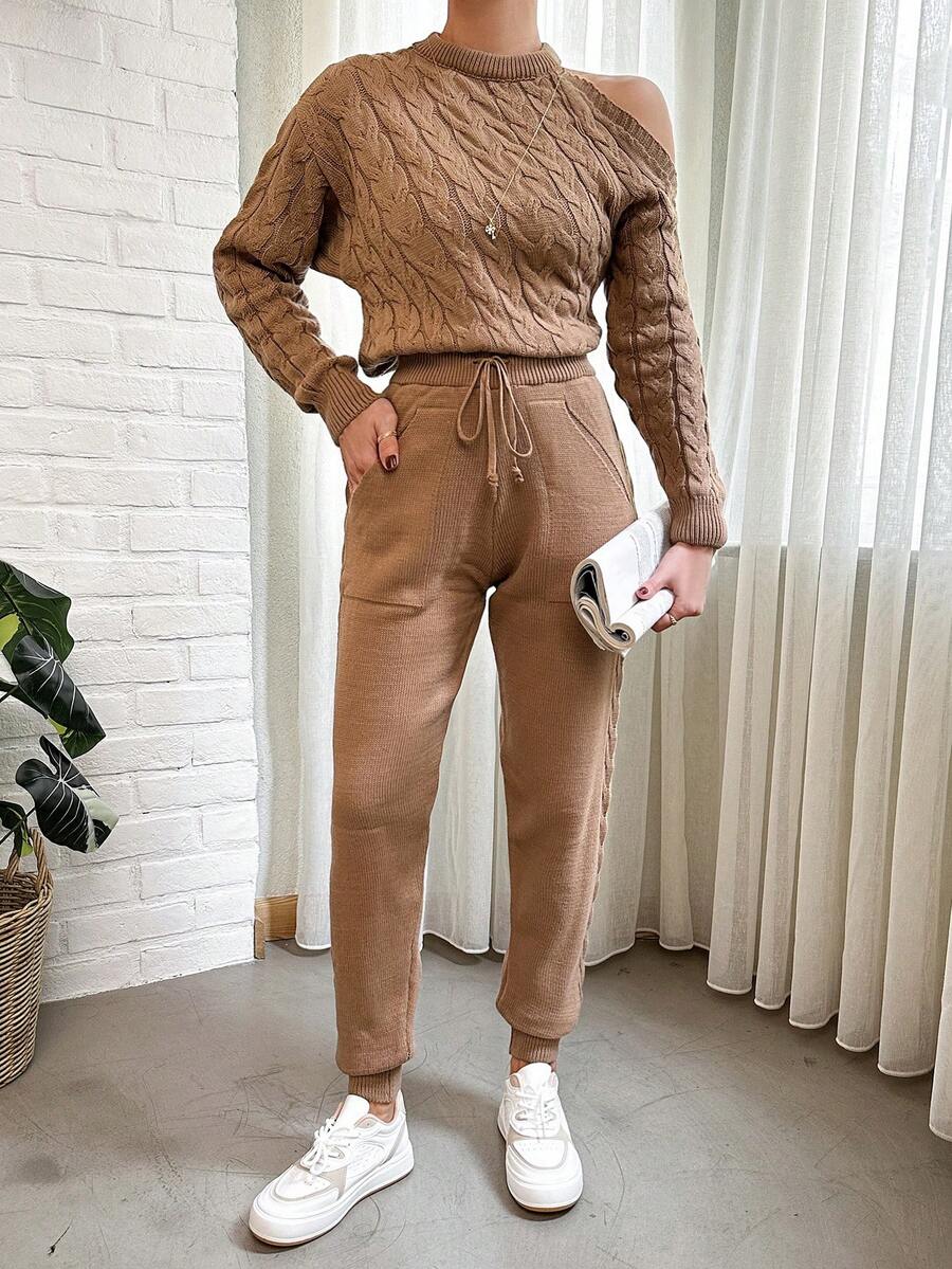 EURMUSE Conjunto De 2 Peças De Pulôver Casual De Malha Com Cor Sólida Para Mulheres - Damasco - Ver 1