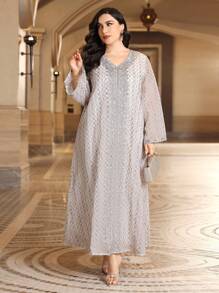 Al Najma 加大码刺绣拼布蕾丝端庄长袖连衣裙，卡夫坦