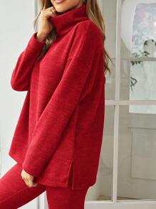 SHEIN Essnce Women's High Collar Long Sleeve Top And Pants Set - Rose Red - View 5