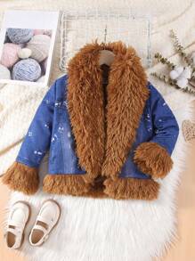 SHEIN Áo khoác thời trang và hợp thời trang cho bé gái, có thêm lớp cách nhiệt và cổ lông lớn có thể tháo rời để giữ ấm - Màu xanh lam - Xem 5