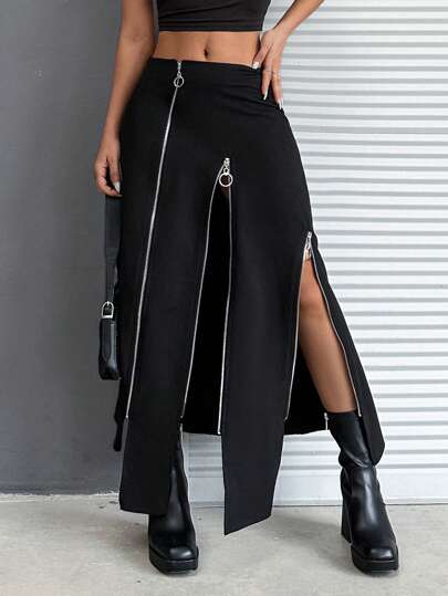 EURMUSE Plus Size Zipper Closure Split Asymmetrical Hem Skirt