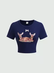 ROMWE Kawaii 女鹿印花短袖 T 卹 - 寶藍色 - 查看 1