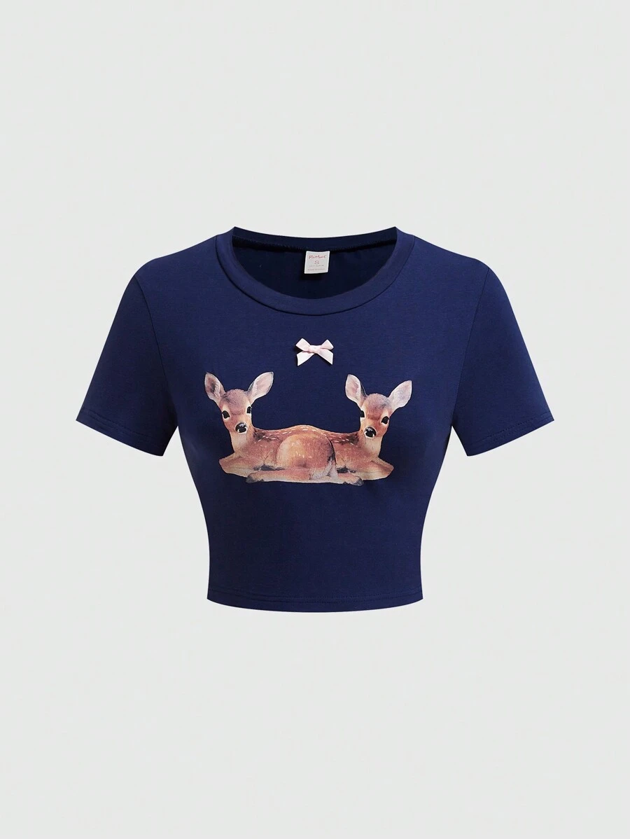 ROMWE Kawaii 女鹿印花短袖 T 卹 - 寶藍色 - 查看 1