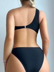 SHEIN Swim One-Shoulder Sleeveless Solid Black Hollow Out One-Piece Swimsuit Summer