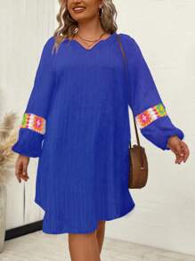 SHEIN LUNE Plus Size Women's Crochet Flower Patchwork Dress - Blue - View 3