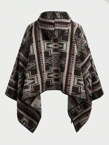 SHEIN 男式幾何圖案毛呢連帽外套,蝙蝠袖款式 - 黑色 - 查看 2