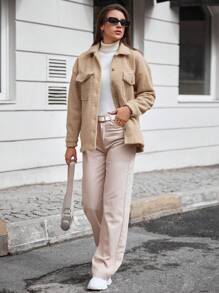 SHEIN Cottnline Flap Pocket Drop Shoulder Teddy Coat - Khaki - View 3