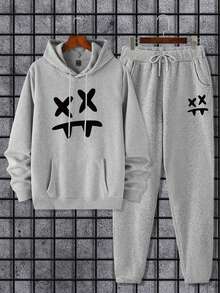 Manfinity Hypemode Men's Fun Print Hooded Sweatshirt And Sweatpants Two Piece Set - Light Grey - View 5