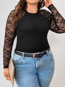 SHEIN Frenchy Plus Size Valentine Lace Patchwork Raglan Sleeve T-Shirt - Black - View 4