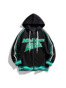 男士帶字母圖案和條紋側邊板的拉鍊連帽衛衣 - 黑色 - 查看 1