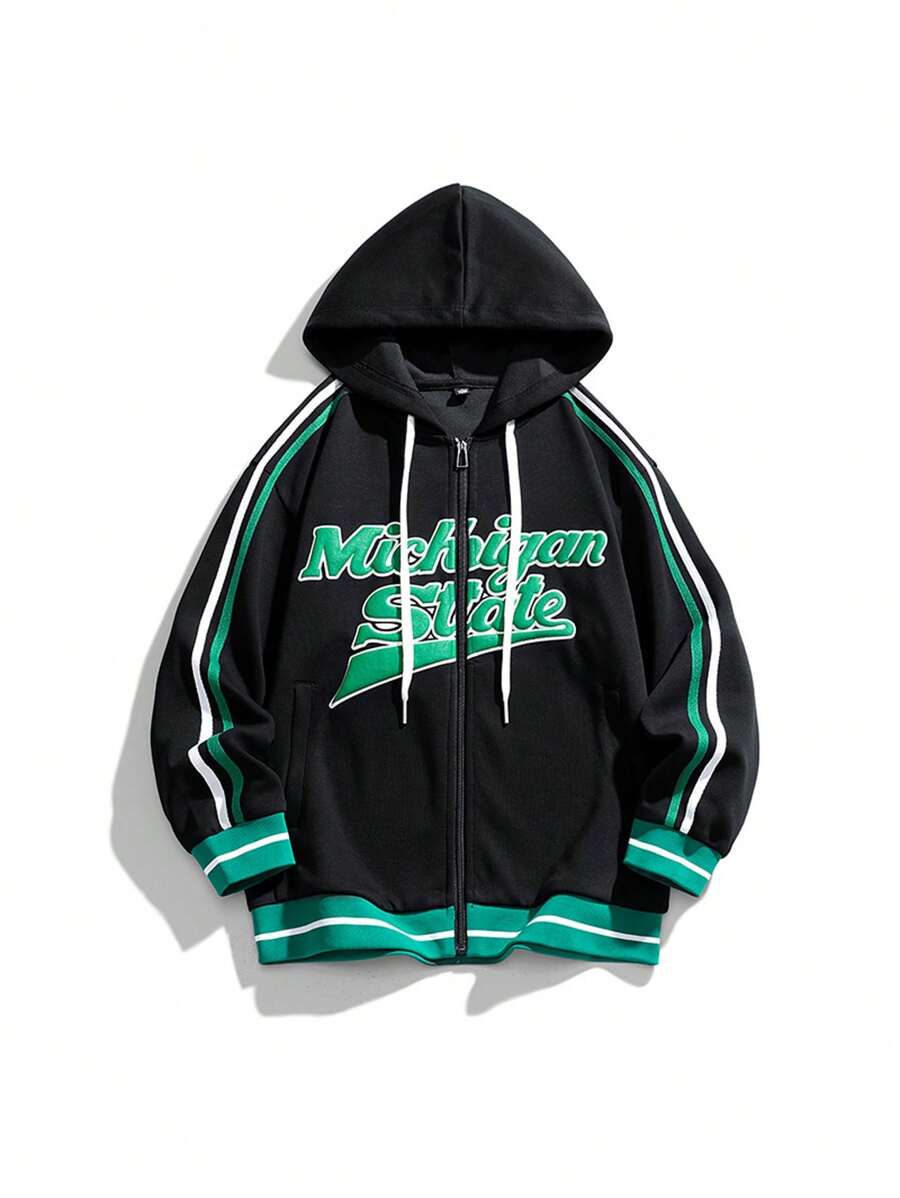 男士帶字母圖案和條紋側邊板的拉鍊連帽衛衣 - 黑色 - 查看 1