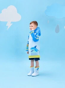 男孩可愛藍色拼接鯊魚和小魚印花立體雨衣,全季節適用 - 藍色 - 查看 4