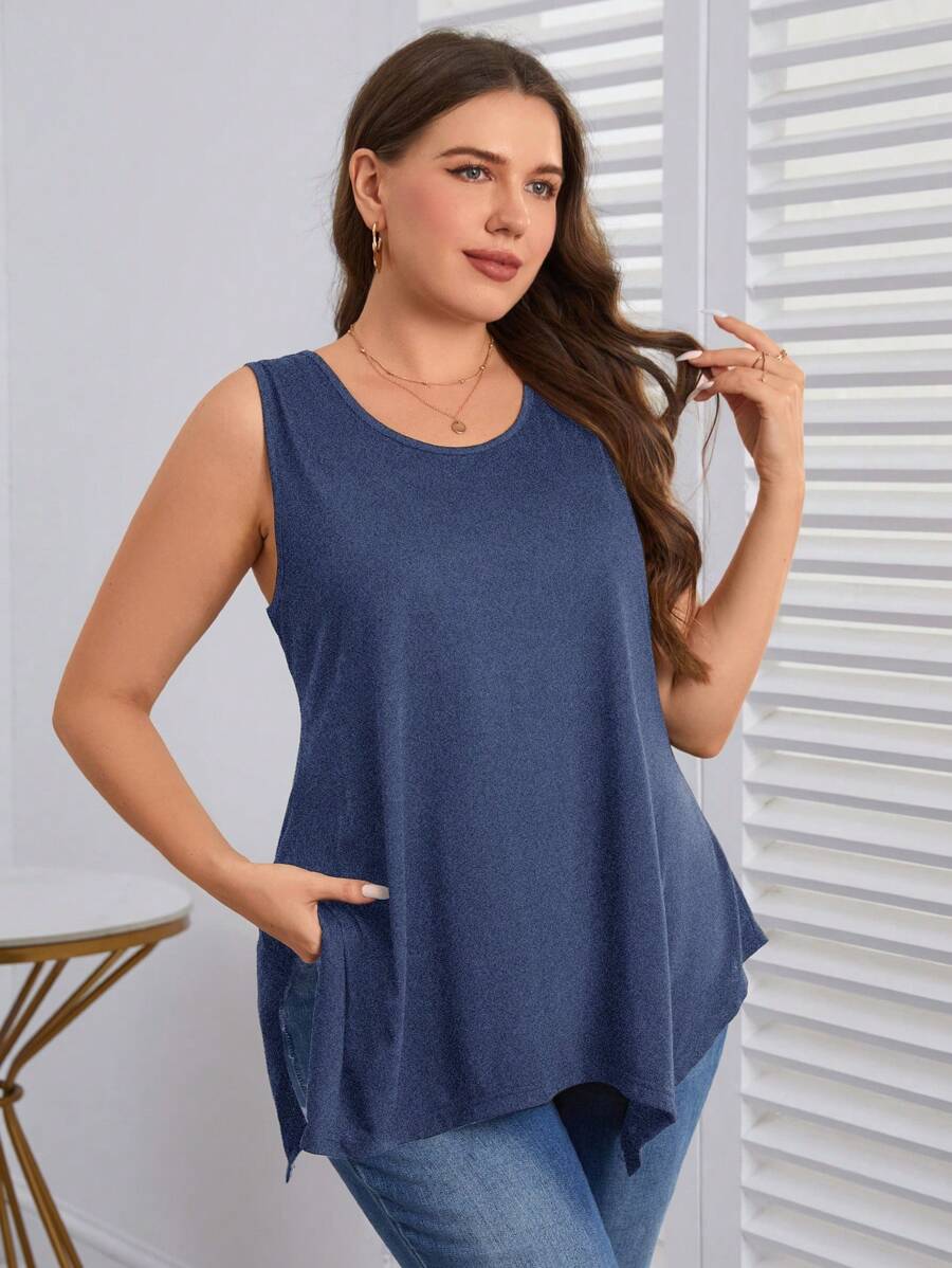 EMERY ROSE 大碼純色不對稱下擺背心 - 藏蓝色 - 查看 1