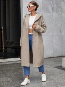 RueChic Drop Shoulder Hooded Overcoat - Beige - View 5