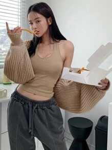 DAZY 1 件女式燈籠袖前開式聳肩開襟衫 - 卡其色 - 查看 3